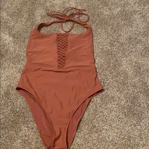 Hollister burnt orange/beige one piece swim suit.